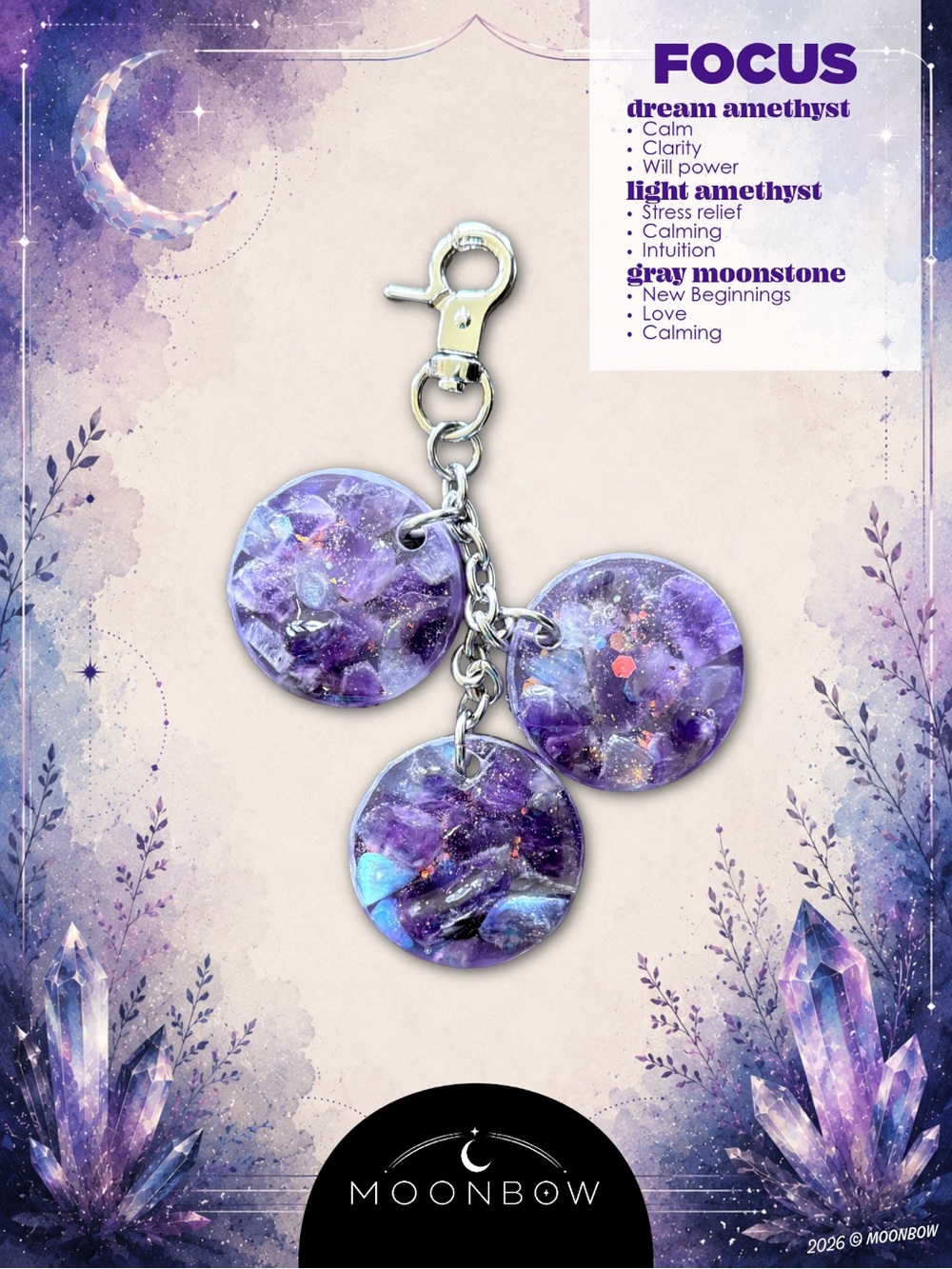Moonbow Handmade Charm ft. Dream Amethyst, Light Amethyst + Gray Moonstone